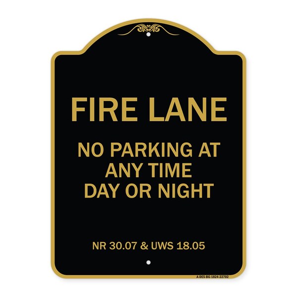 Wisconsin Fire Lane No Parking Anytime Day or Night, Black & Gold Alum, 18" x 24", BG-1824-22702